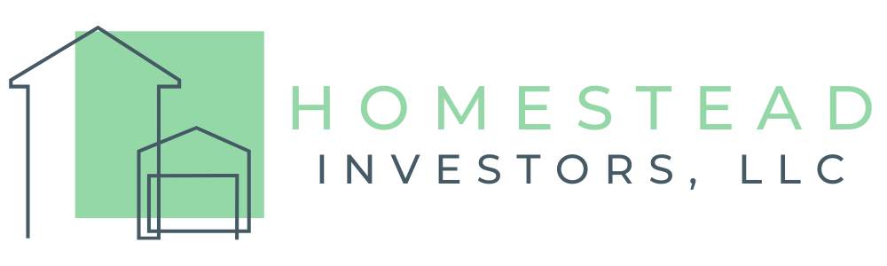 Logo with house outlines, green square, and text