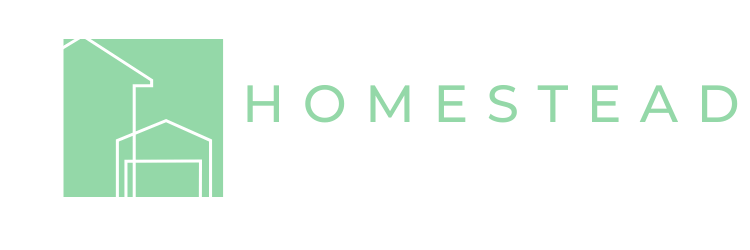 Logo for Homestead, featuring a mint green square with outlines of houses and the word