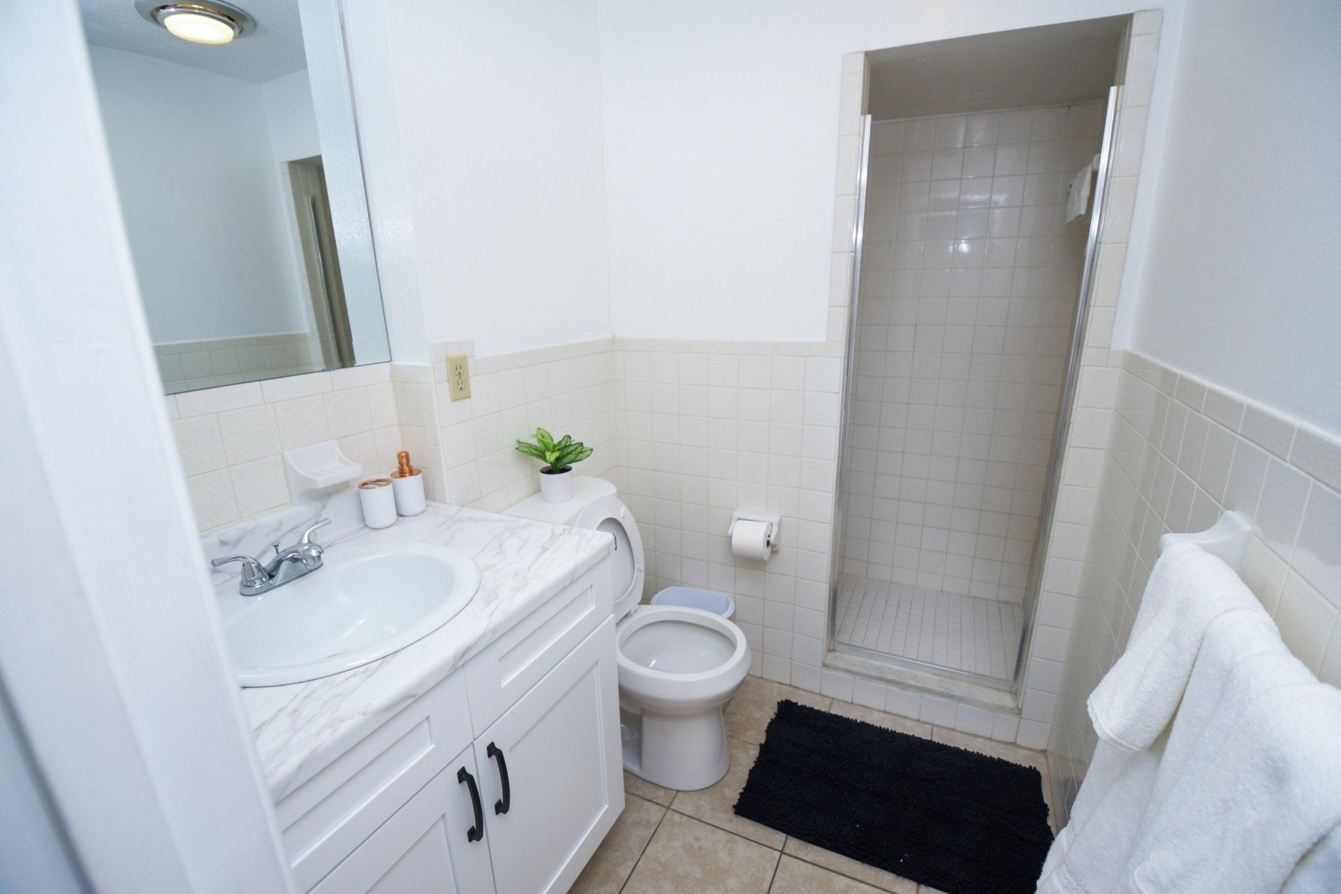 Bathroom with white walls, vanity, toilet, and shower. Black bath mat, towels, and small plant.
