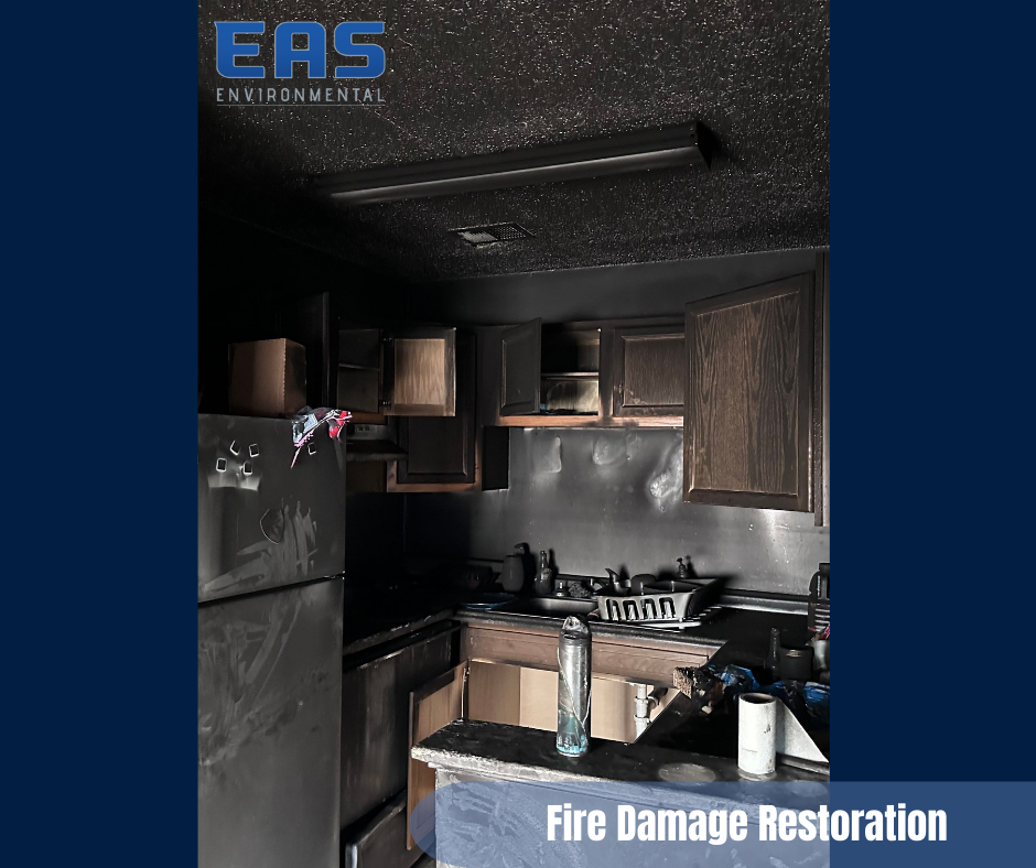Kitchen interior severely damaged by fire; soot covers walls, cabinets, appliances.