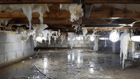 Damp crawlspace with water, damaged insulation, and mold on concrete block walls and wooden beams.