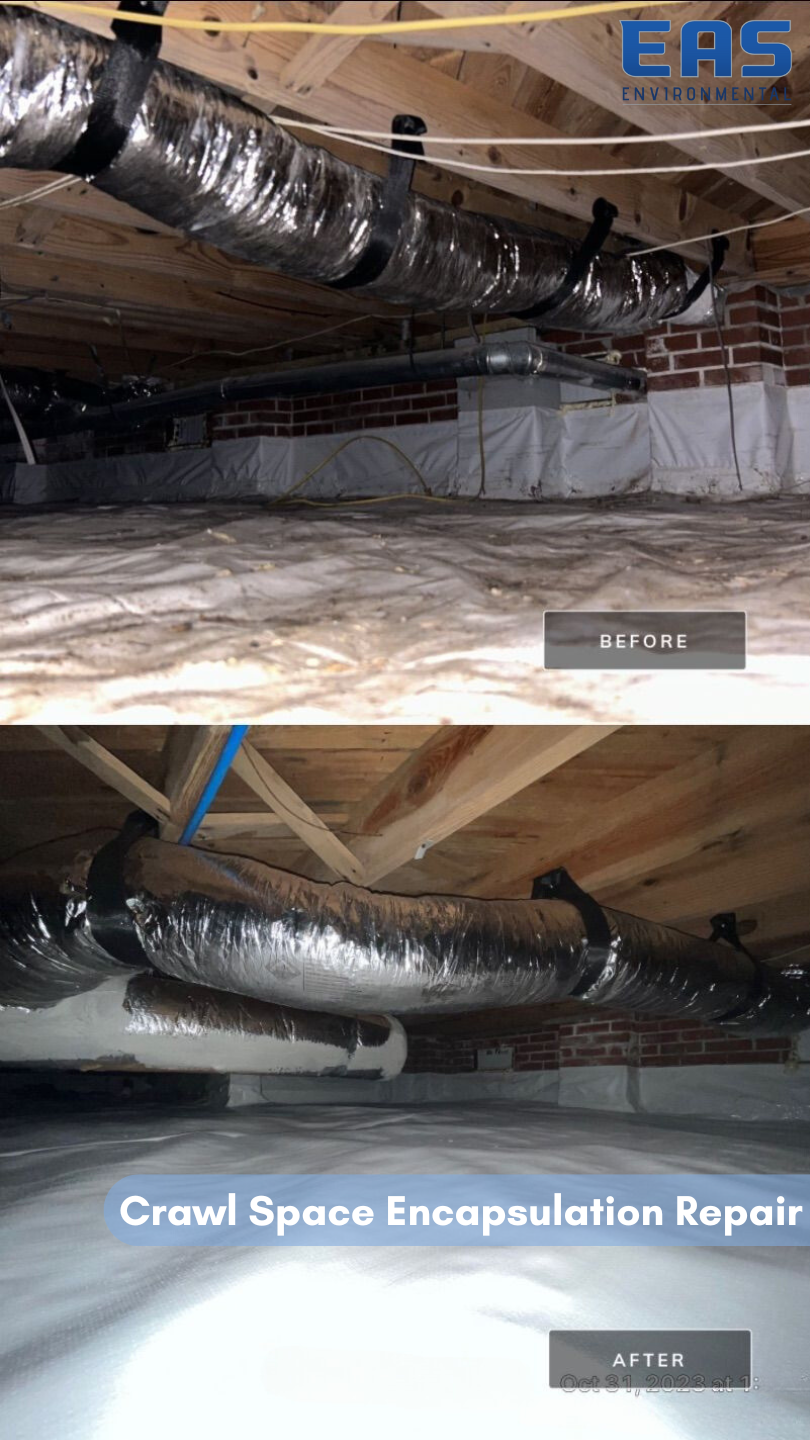Crawl space before and after encapsulation repair, showing ductwork, insulation, and moisture barrier.