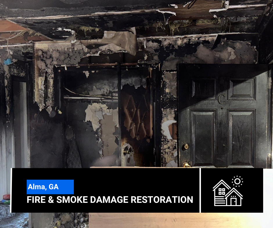 Fire and smoke-damaged interior, with a charred door and walls in Alma, GA.