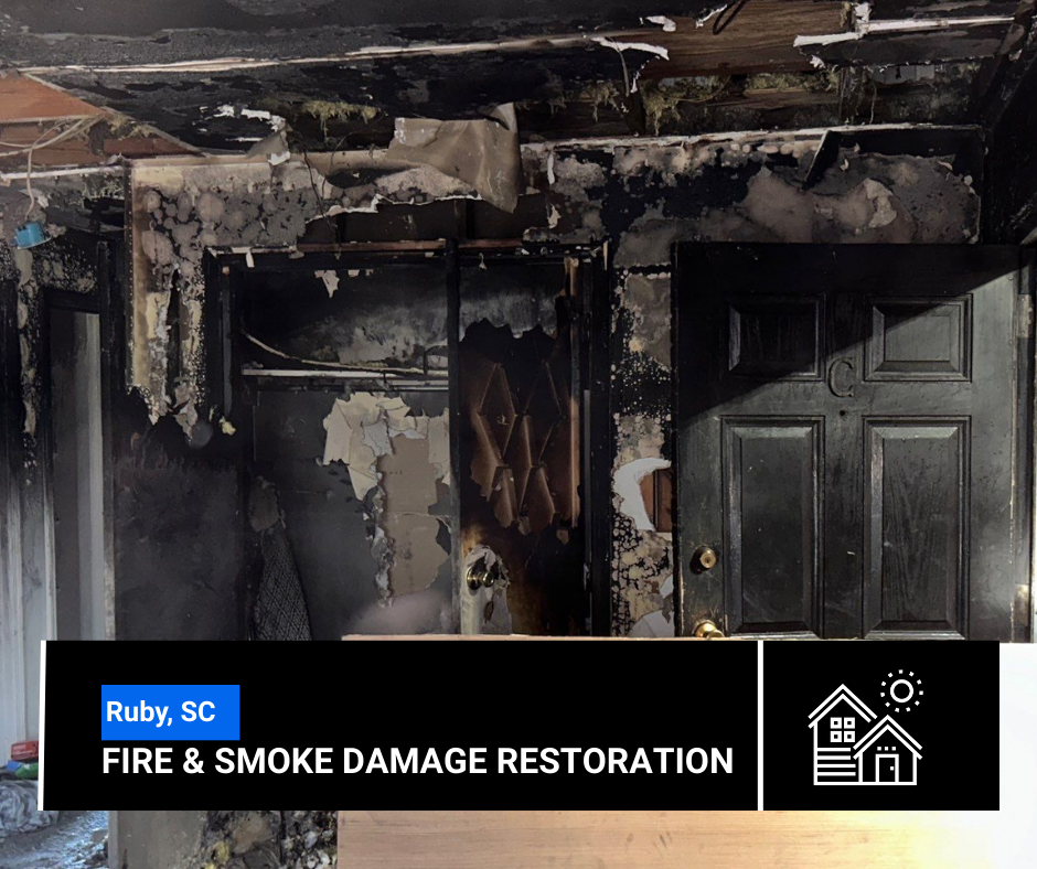 Fire and smoke damage inside a building in Ruby, SC. Damaged walls and doorway.