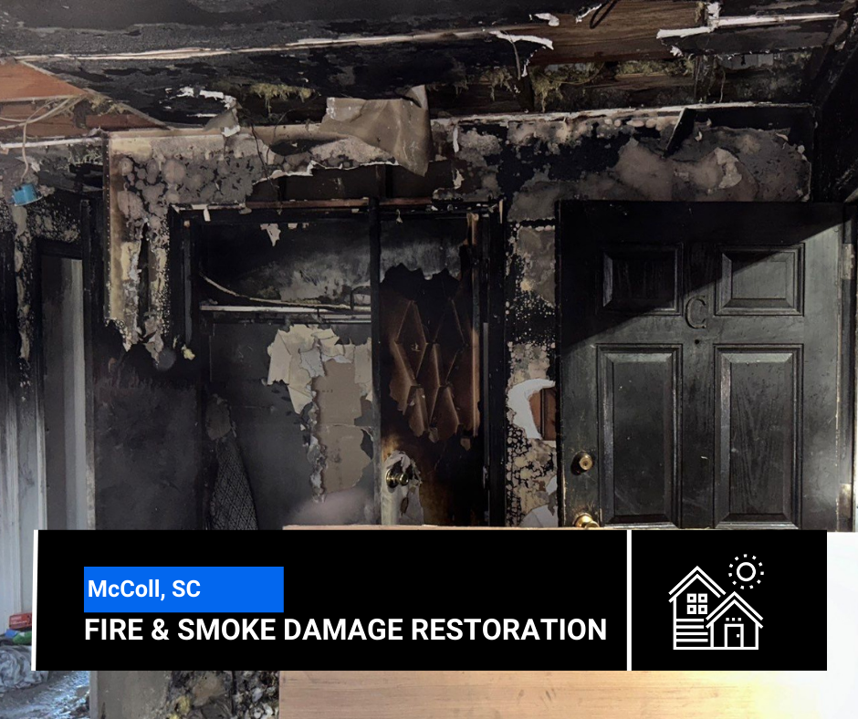 Fire and smoke damage restoration in McColl, SC: burnt doorway and ceiling.