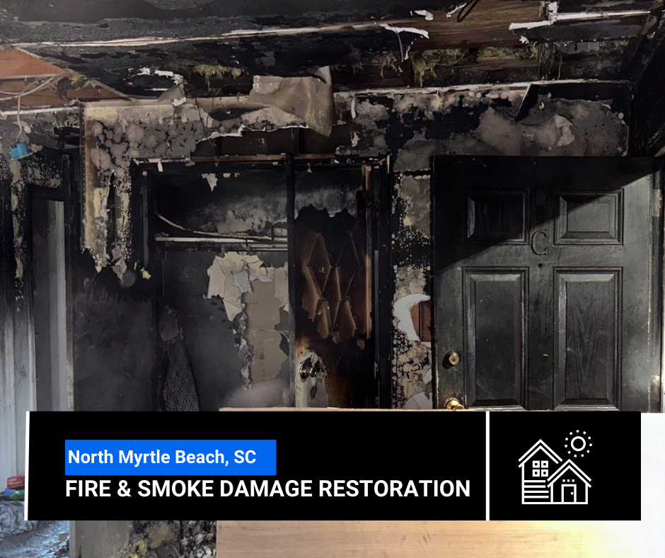 Fire damage interior, black and peeling walls. North Myrtle Beach, SC fire and smoke damage restoration.
