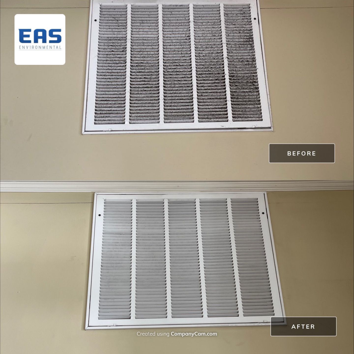 Before and after comparison of a dirty and cleaned air vent, mounted on a beige wall.