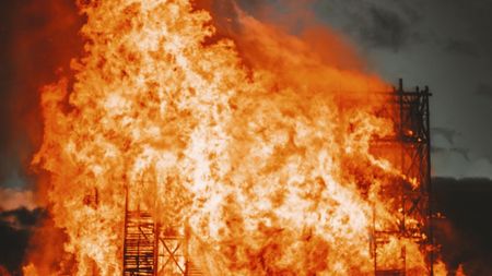 Tower engulfed in bright orange flames against a dark, cloudy sky.