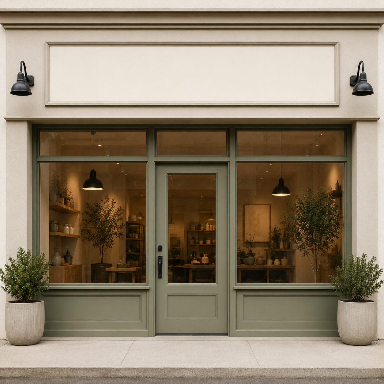 Beige storefront with large glass windows, green doors, and potted plants on either side