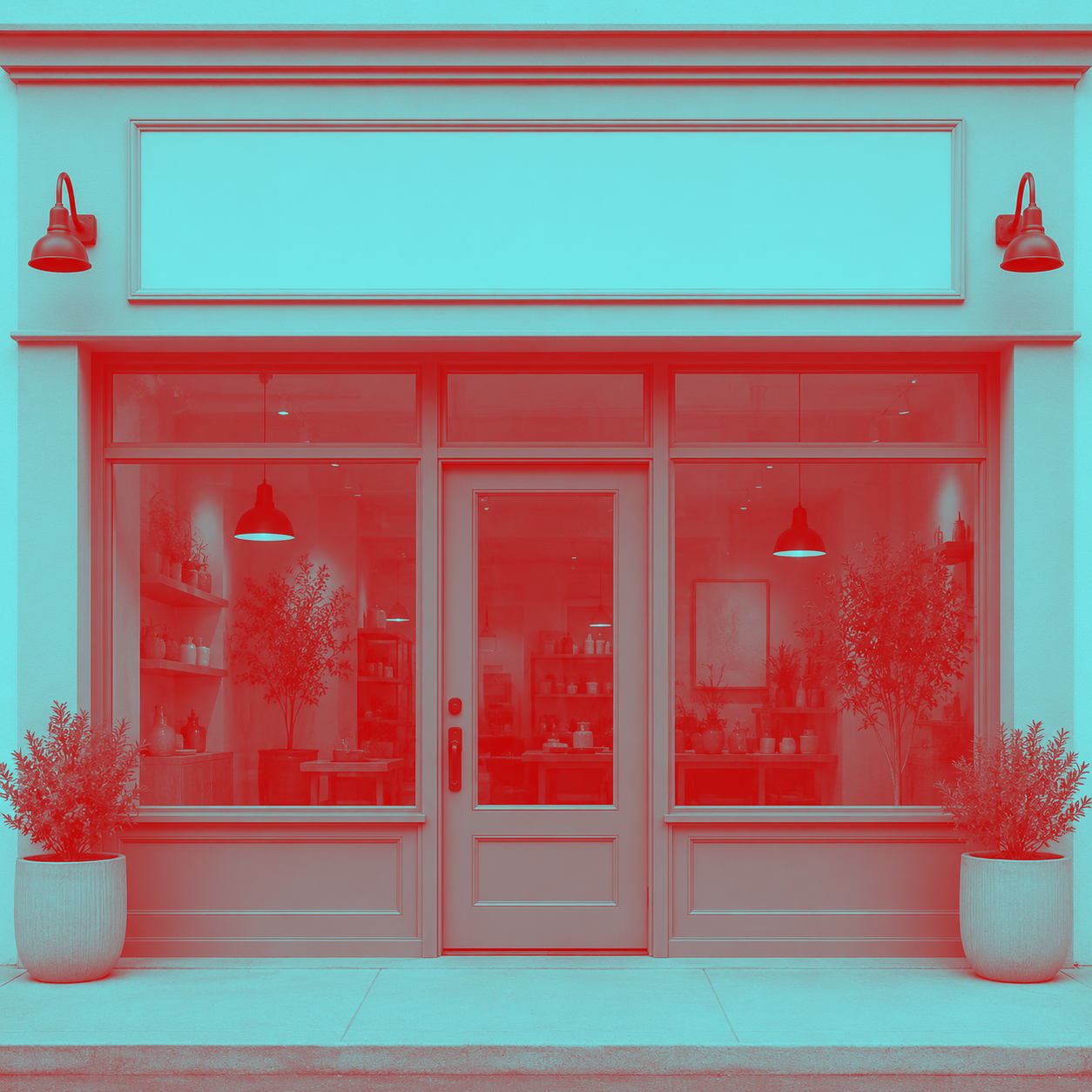 Storefront with large windows and potted plants, tinted in red and cyan.