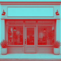 Storefront with large windows and potted plants, tinted in red and cyan.