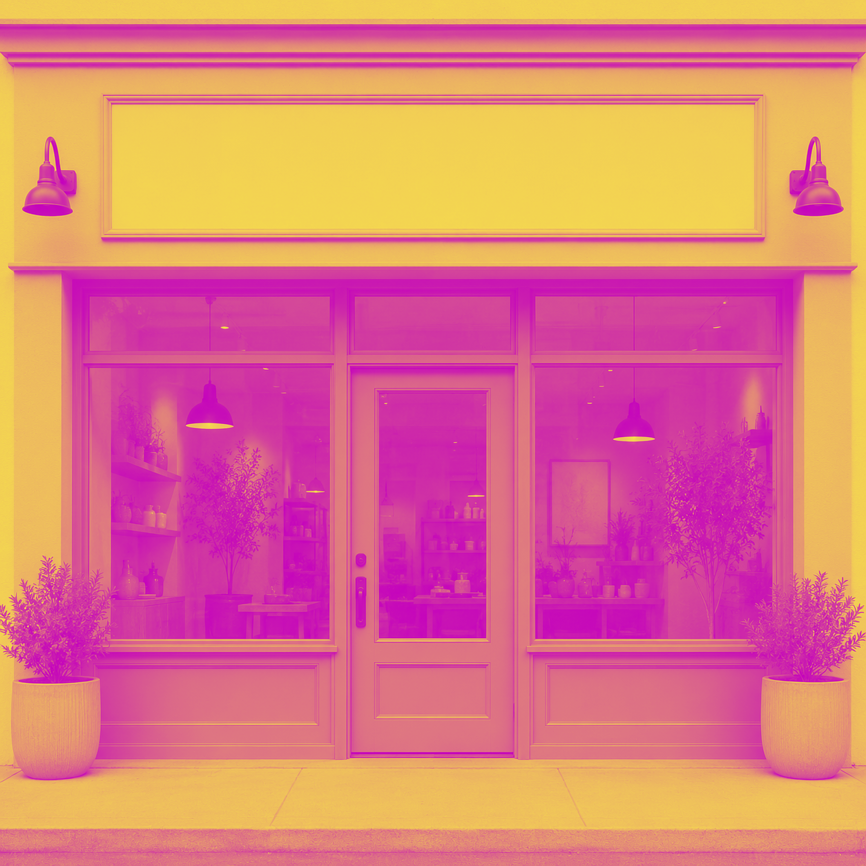 Storefront with a pink facade, central glass door, and potted plants on both sides.