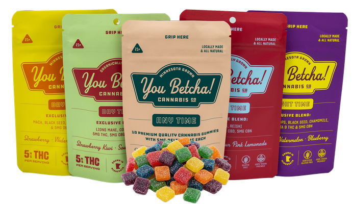Yellow pouch of You Betcha! Cannabis Co. gummies with fruit candies at the bottom