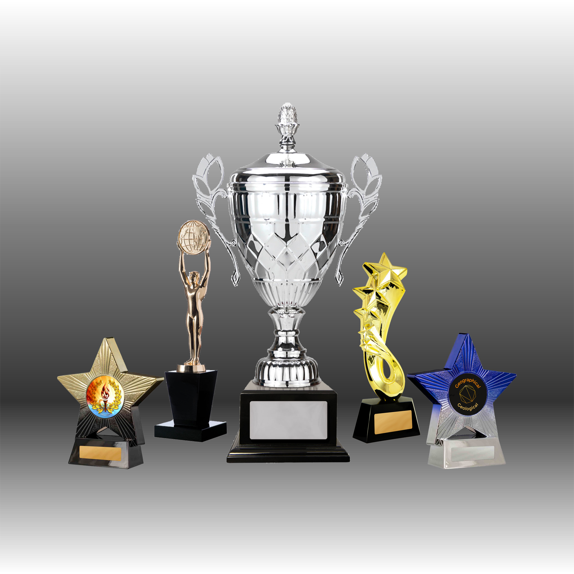 Various awards and desk accessories, including a silver tray, clock, and engraved plaques — NQ Plaques & Trophies In Mount Isa, QLD