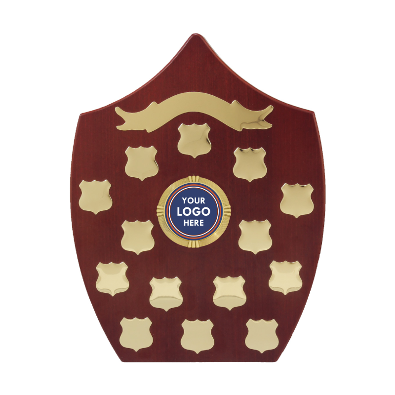 Wooden shield trophy with gold crests and logo area — NQ Plaques & Trophies In Mount Isa, QLD