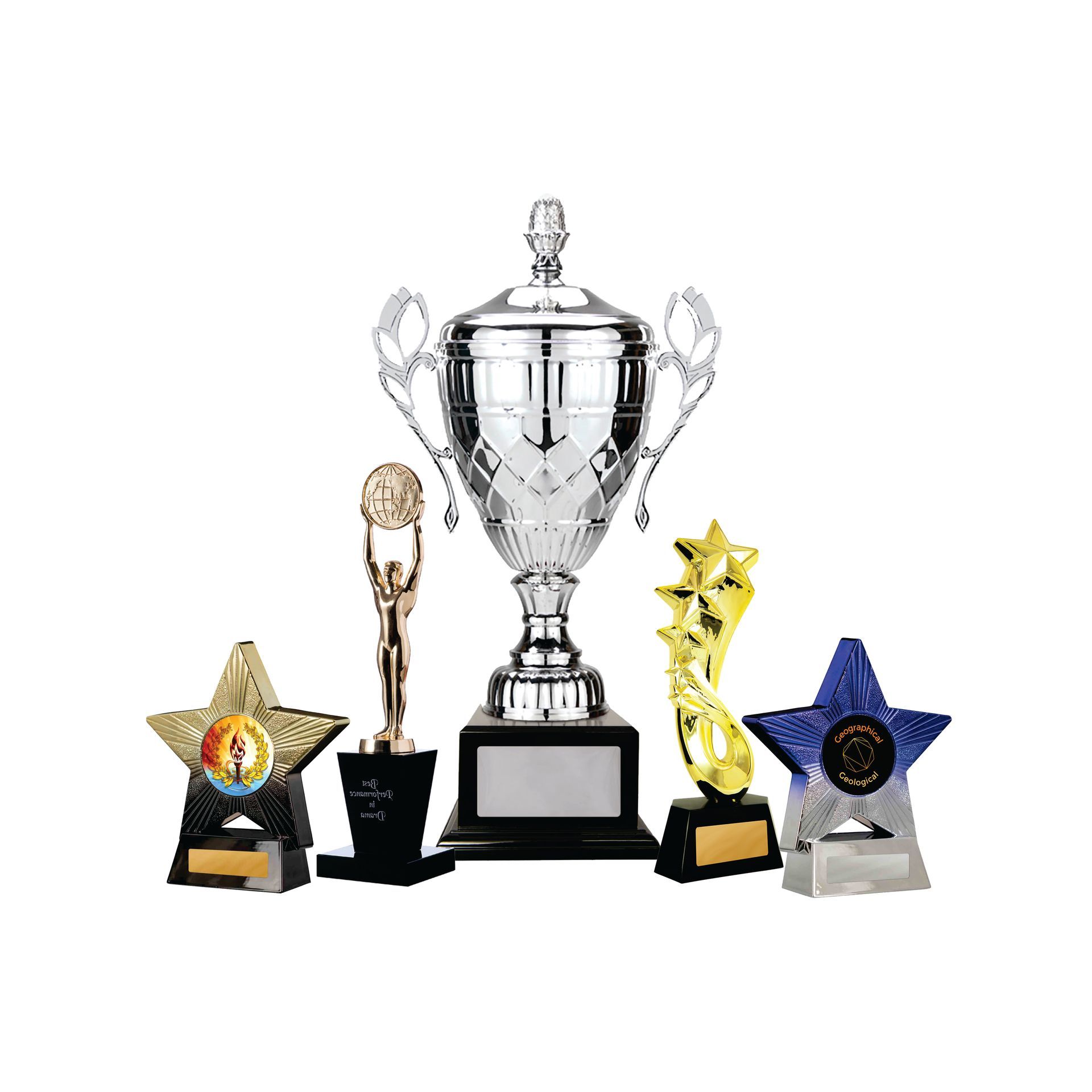 Various awards and desk accessories, including a silver tray, clock, and engraved plaques — NQ Plaques & Trophies In Mount Isa, QLD