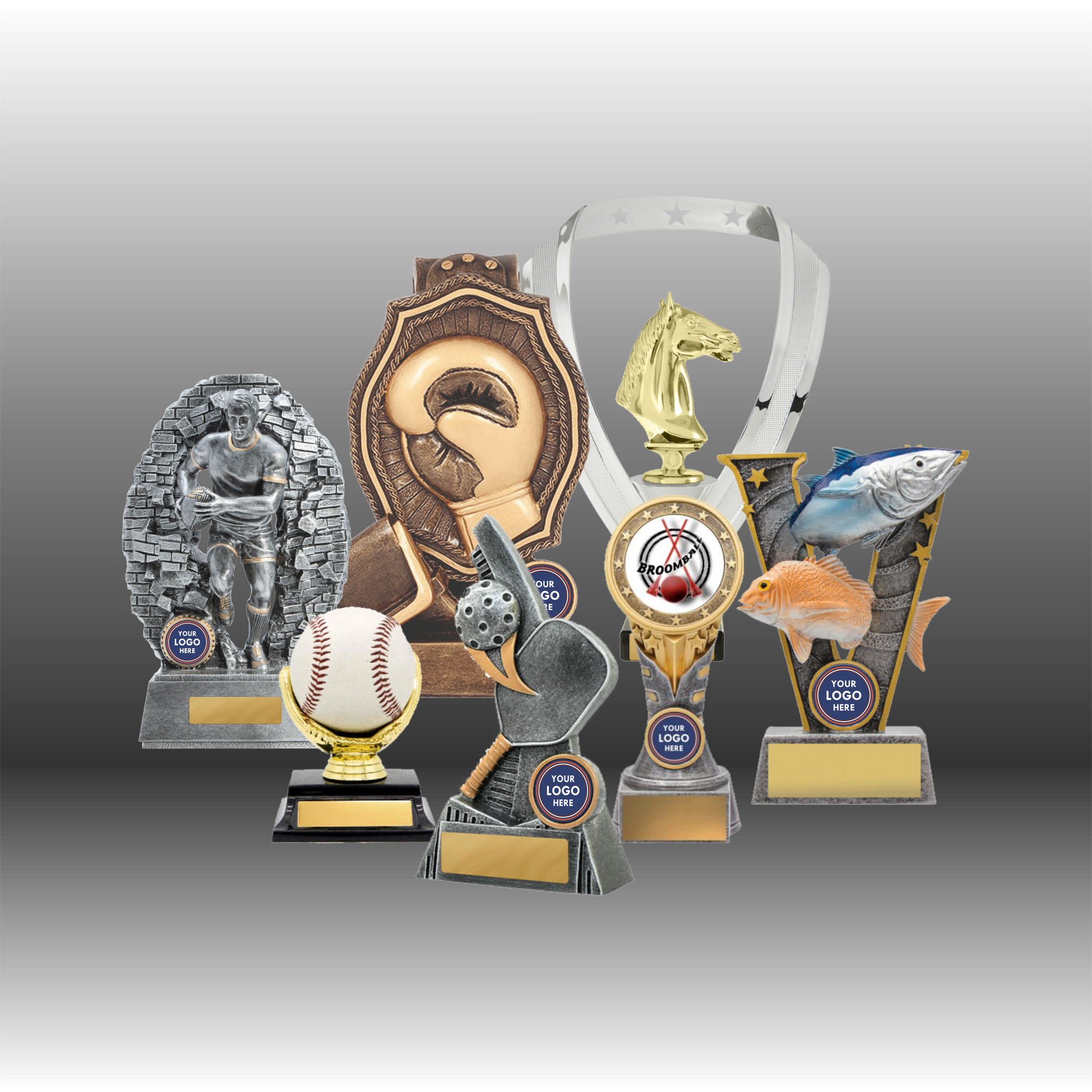 Various awards and desk accessories, including a silver tray, clock, and engraved plaques — NQ Plaques & Trophies In Mount Isa, QLD