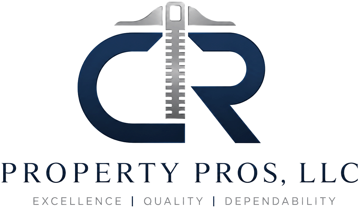 Property Pros LLC logo with blue and gray house and zipper icon, tagline “Excellence | Quality | Dependability”