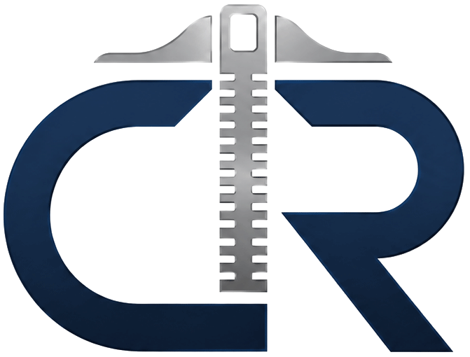 Stylized blue CR monogram with a silver zipper running vertically through the center