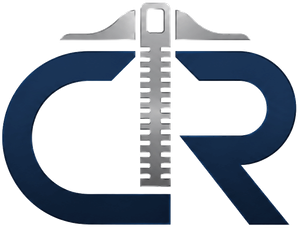 Blue-and-gray zipper logo forming the letters C and R