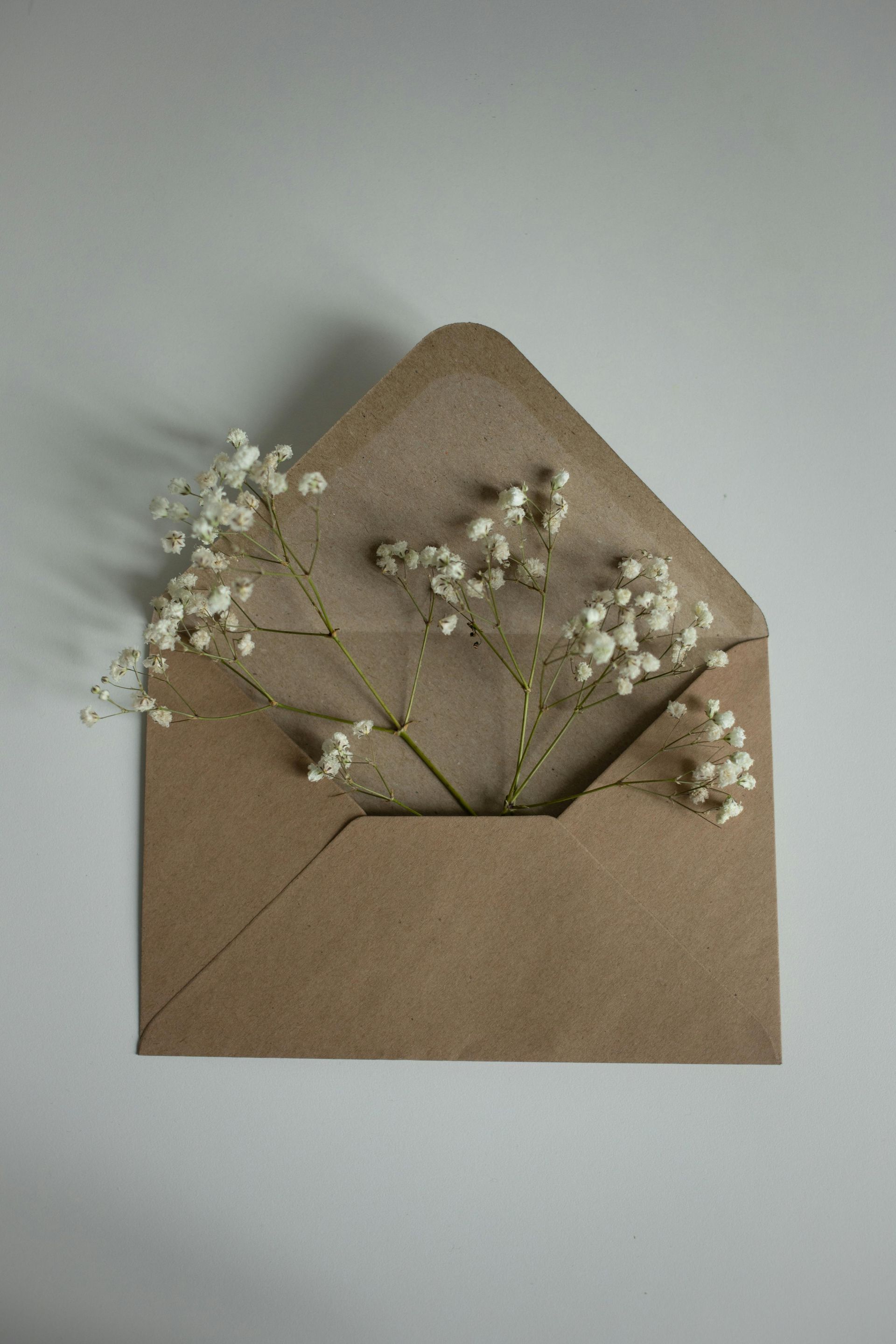 Brown envelope with small white flowers peeking out against a light background