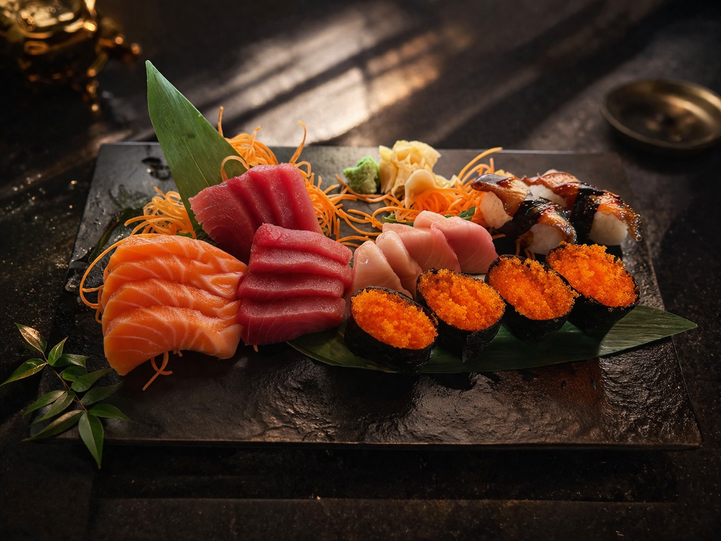 A platter of fresh sashimi and sushi rolls, including salmon, tuna, and roe, arranged on a dark, rustic slate board.
