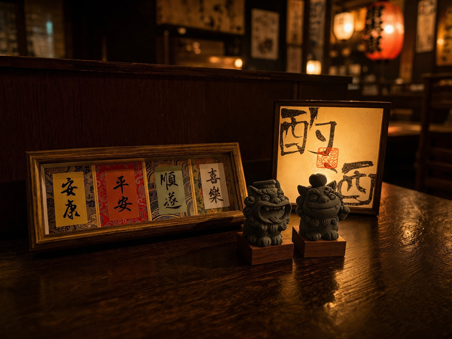 Two stone figurines stand next to a framed set of Chinese characters on a dark wooden table in a dimly lit restaurant.