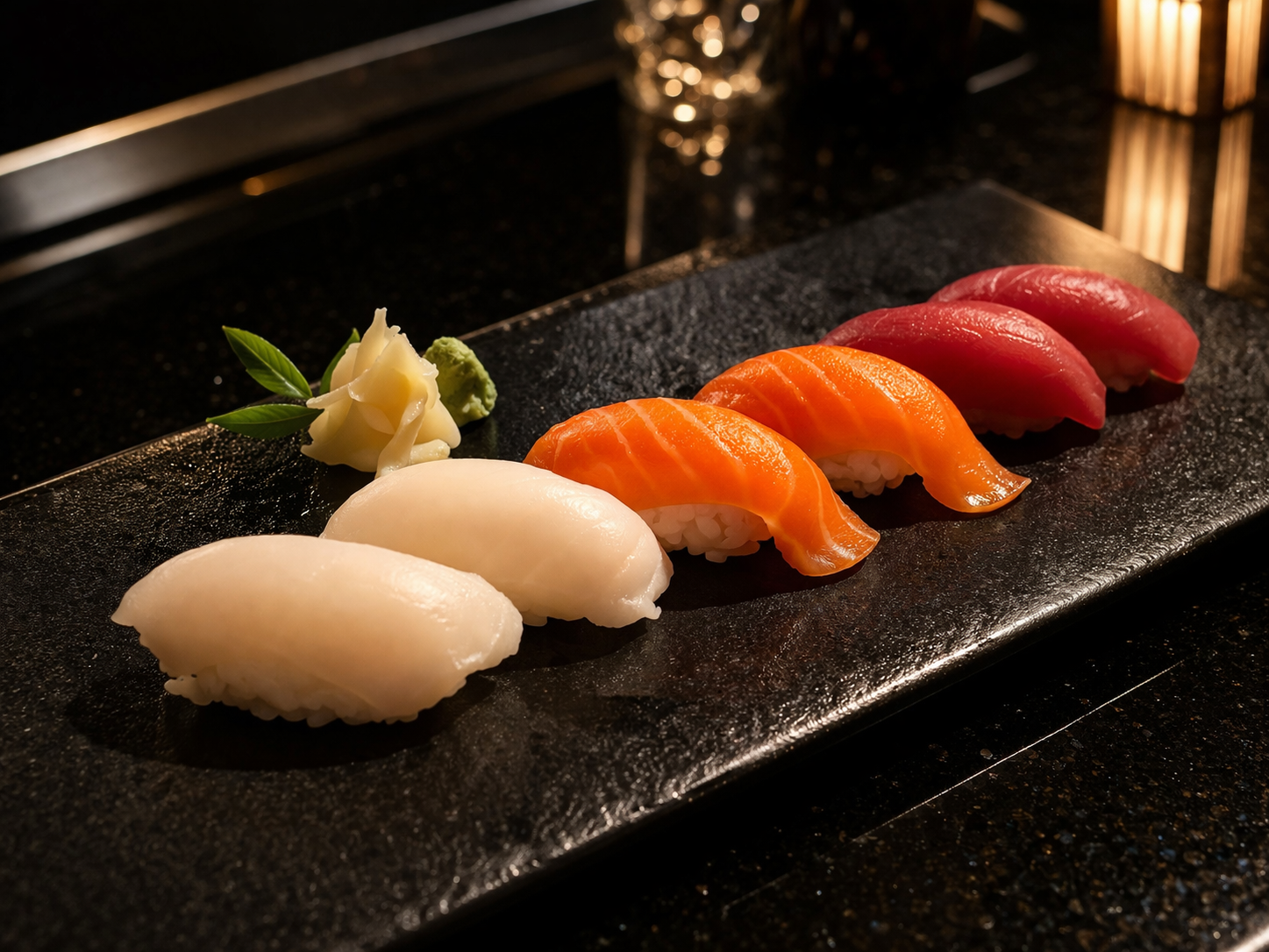 A row of six assorted nigiri sushi pieces, including scallop, salmon, and tuna, served on a black stone tray.