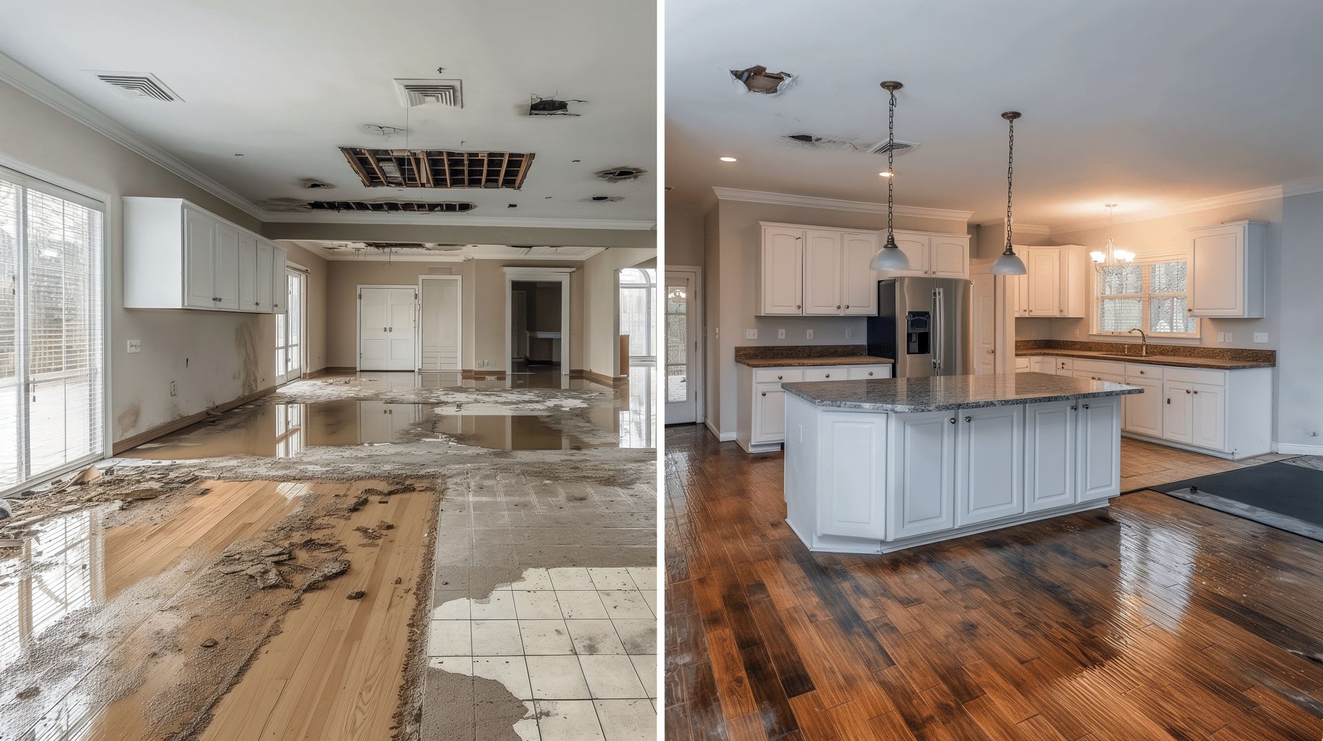 A before and after photo of a flooded kitchen.
