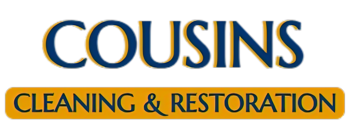 A blue and yellow logo for cousins cleaning and restoration