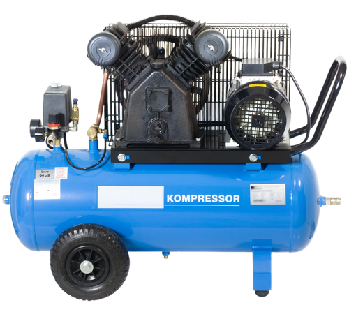 Compressore d'aria portatile blu con doppia pompa e maniglia nera su ruote.