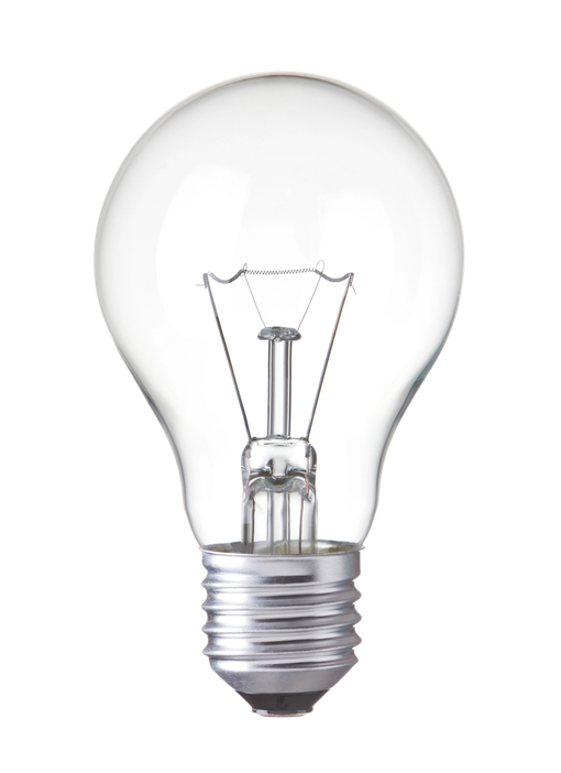 Lampadina a incandescenza trasparente con attacco a vite argentato su sfondo bianco.