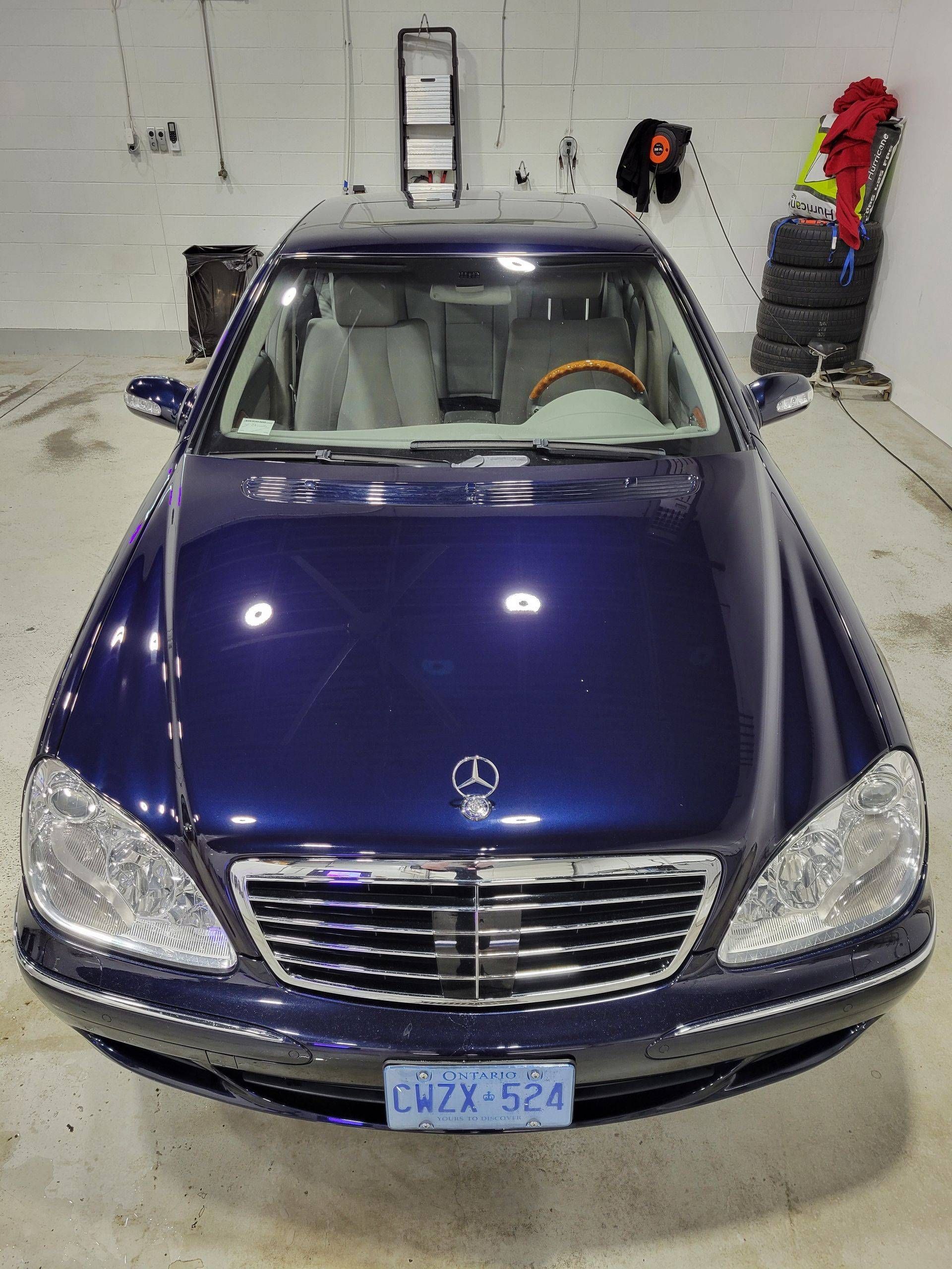 Purple Mercedes sedan parked in a garage, front view with blue license plate.