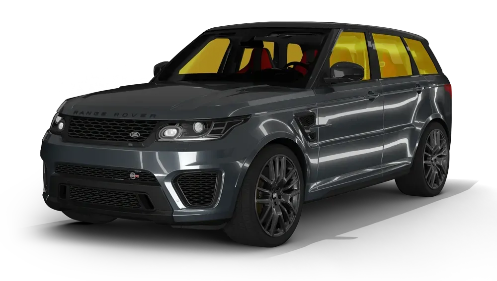 Dark gray SUV on white background with yellow-tinted windows and black wheels