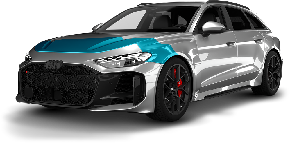 Blue and silver sports sedan with black racing wheels on a white background