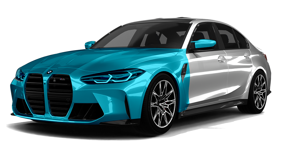 Blue and silver sports sedan on a white background, front three-quarter view