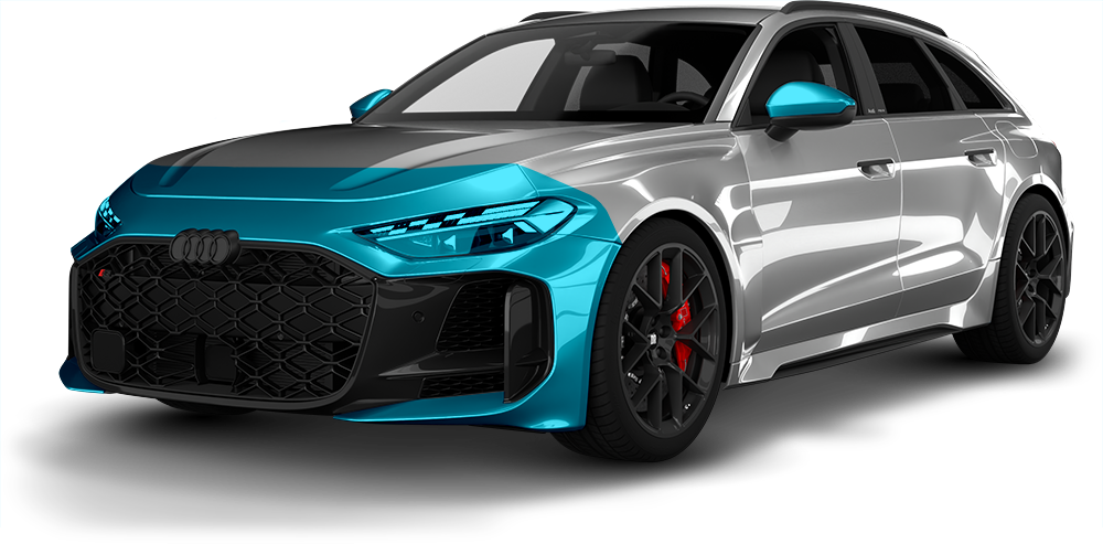 Modified silver sedan with turquoise front accents and black wheels on a white background