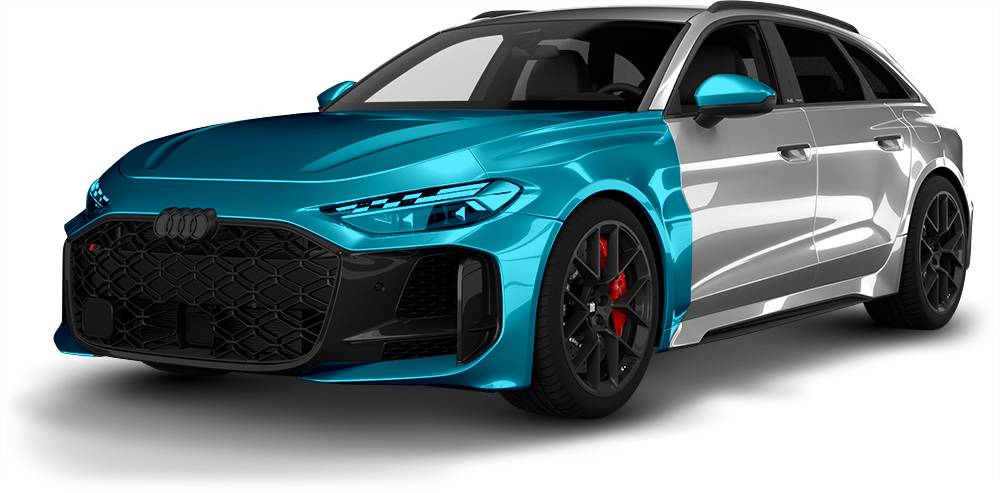 Blue and white sporty sedan with black rims, angled front view on white background