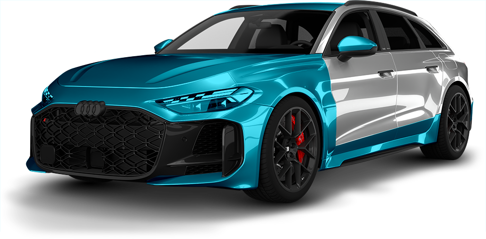 Turquoise and silver sports car with black grille and red brake calipers on a white background