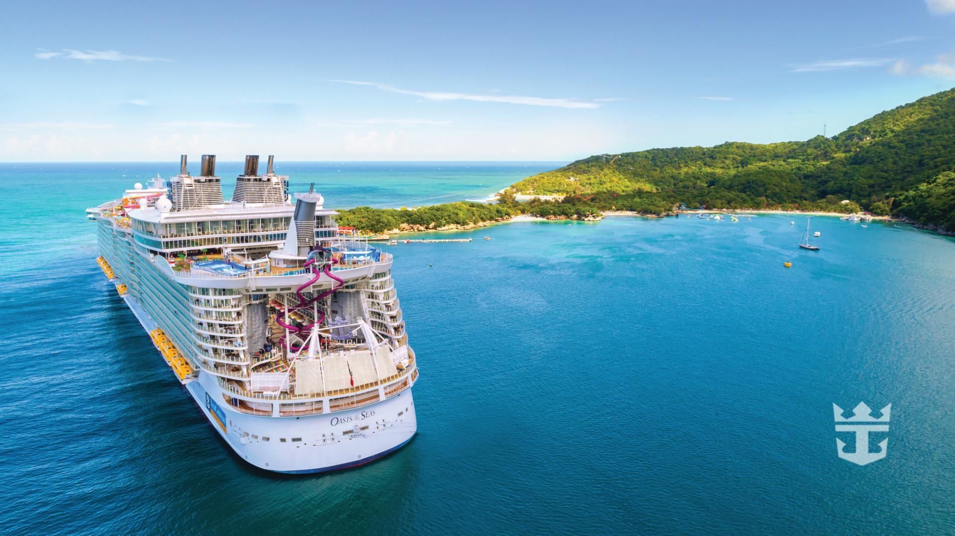 An aerial view of a cruise ship in the ocean.