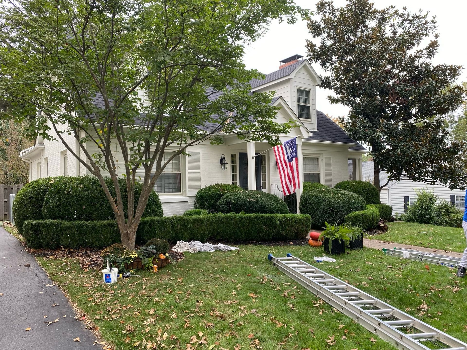 White house with U.S. flag and ladder on lawn, surrounded by trees and trimmed bushes.