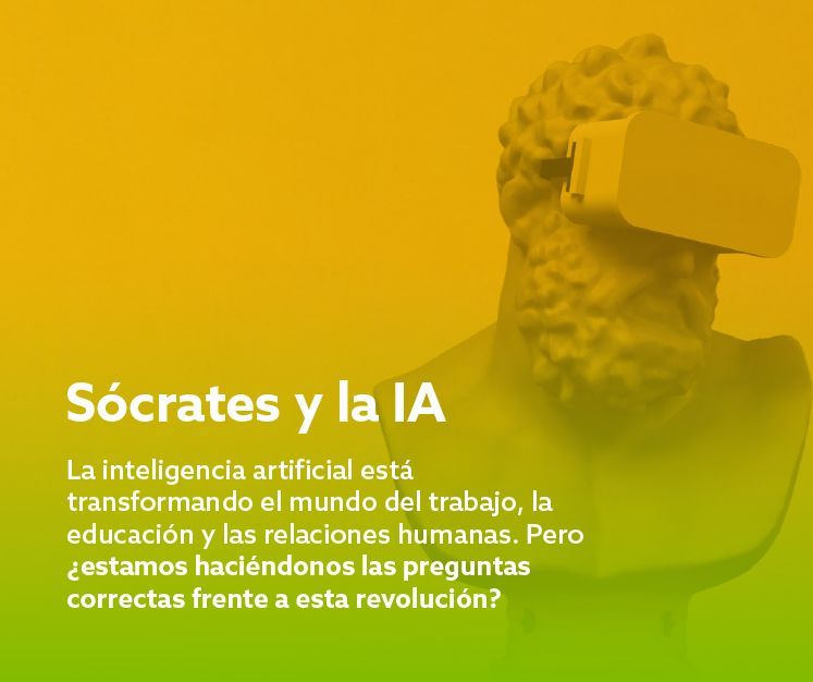 Estatua de Sócrates con gafas de realidad virtual sobre fondo amarillo verdoso; texto en español sobre IA y educación.