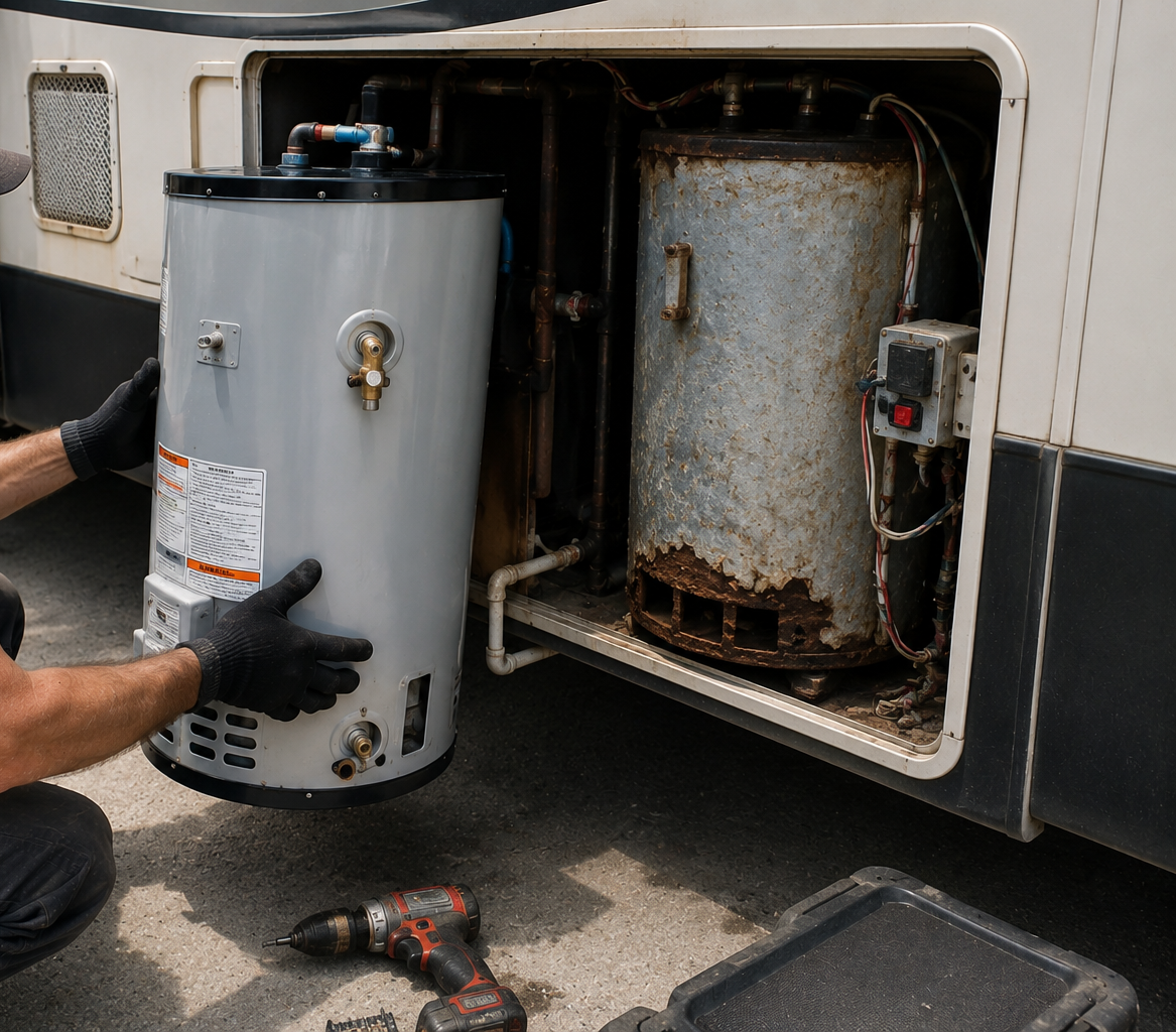 Person removing a gray water heater from an RV compartment with a drill on the ground