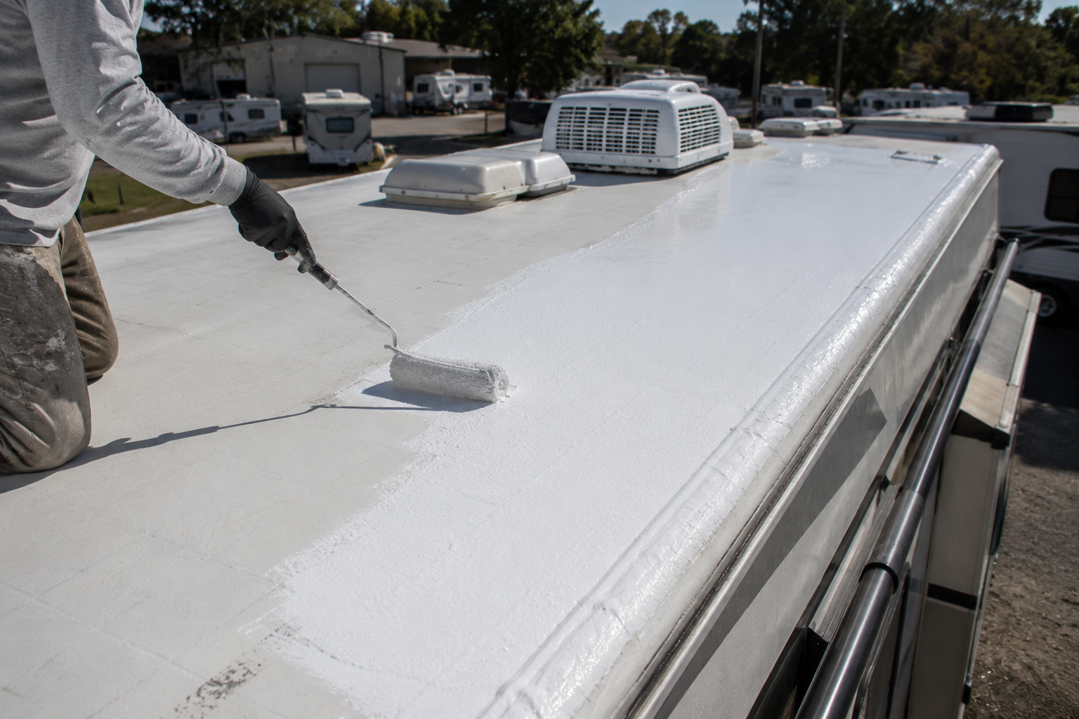 Person painting a white RV roof with a roller outdoors