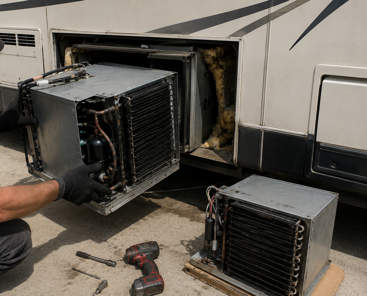 Person removing a dirty RV air conditioner unit, with another unit and tools on the ground.