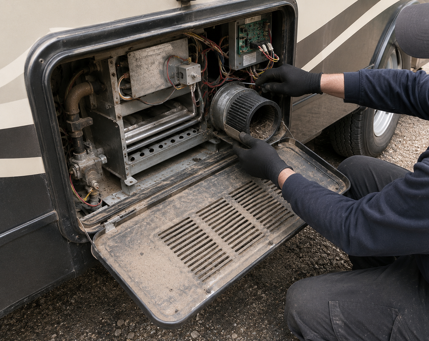 Technician removing a vehicle’s air filter from an open engine compartment with the side panel open
