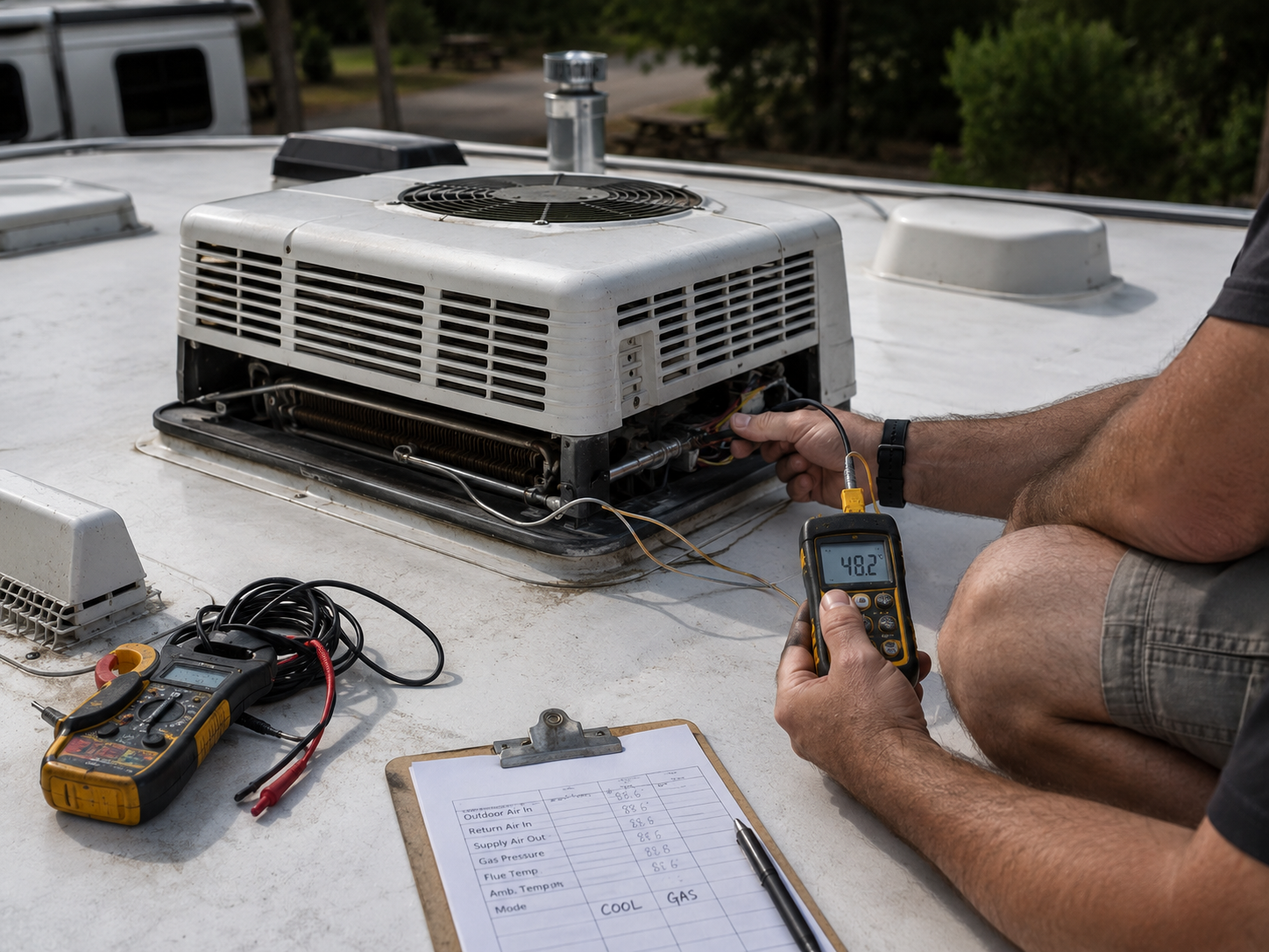 Technician testing rooftop HVAC unit with a handheld meter and tools nearby