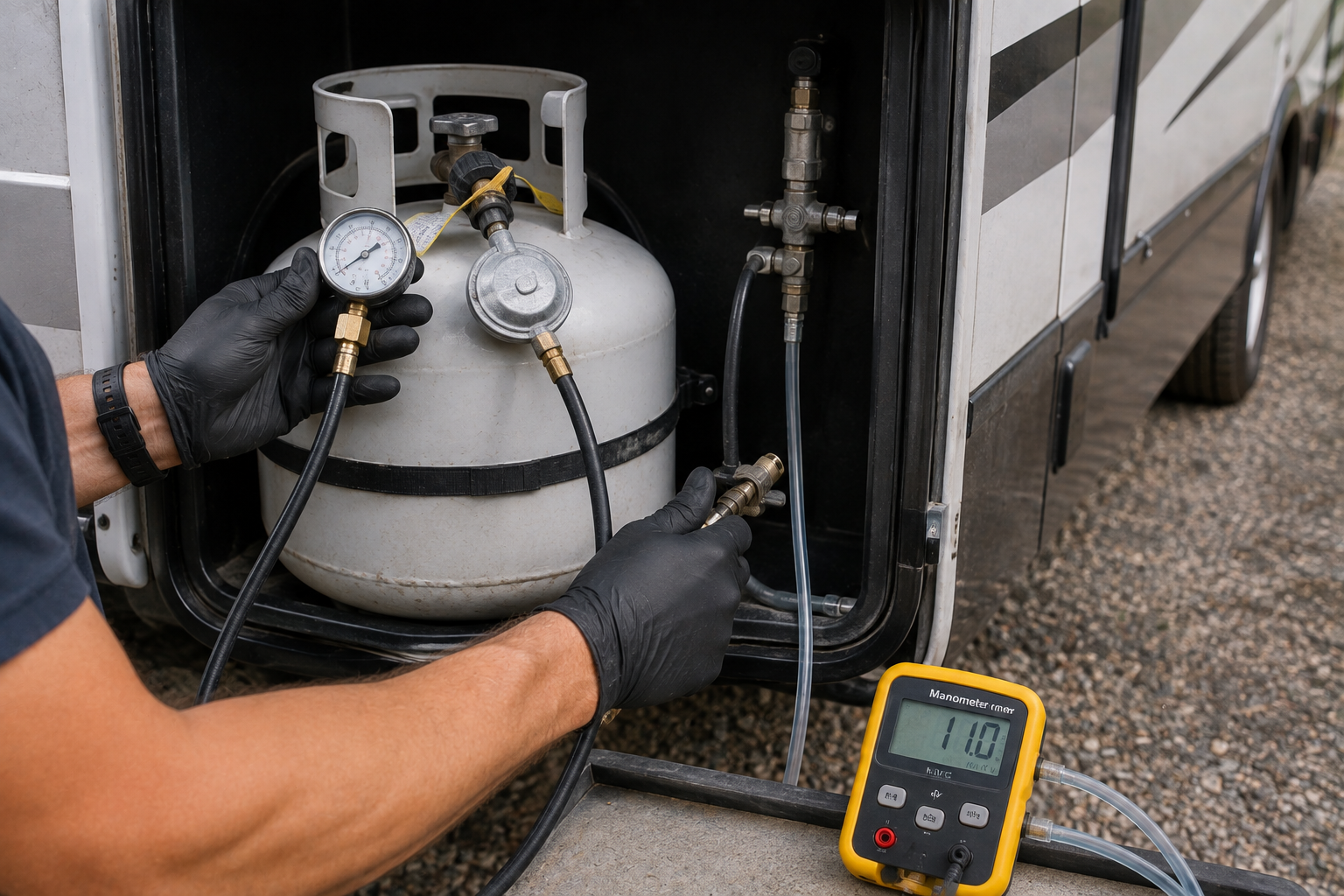 Technician checking a gas cylinder with gauges beside a vehicle using a leak detector