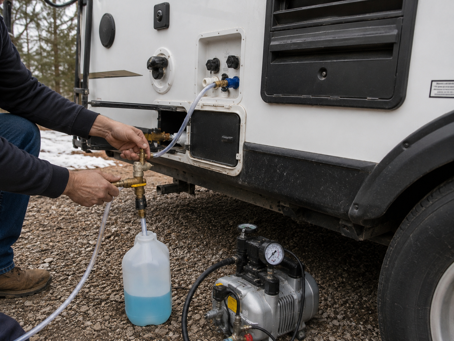 Person filling a blue container from an RV water hookup outdoors