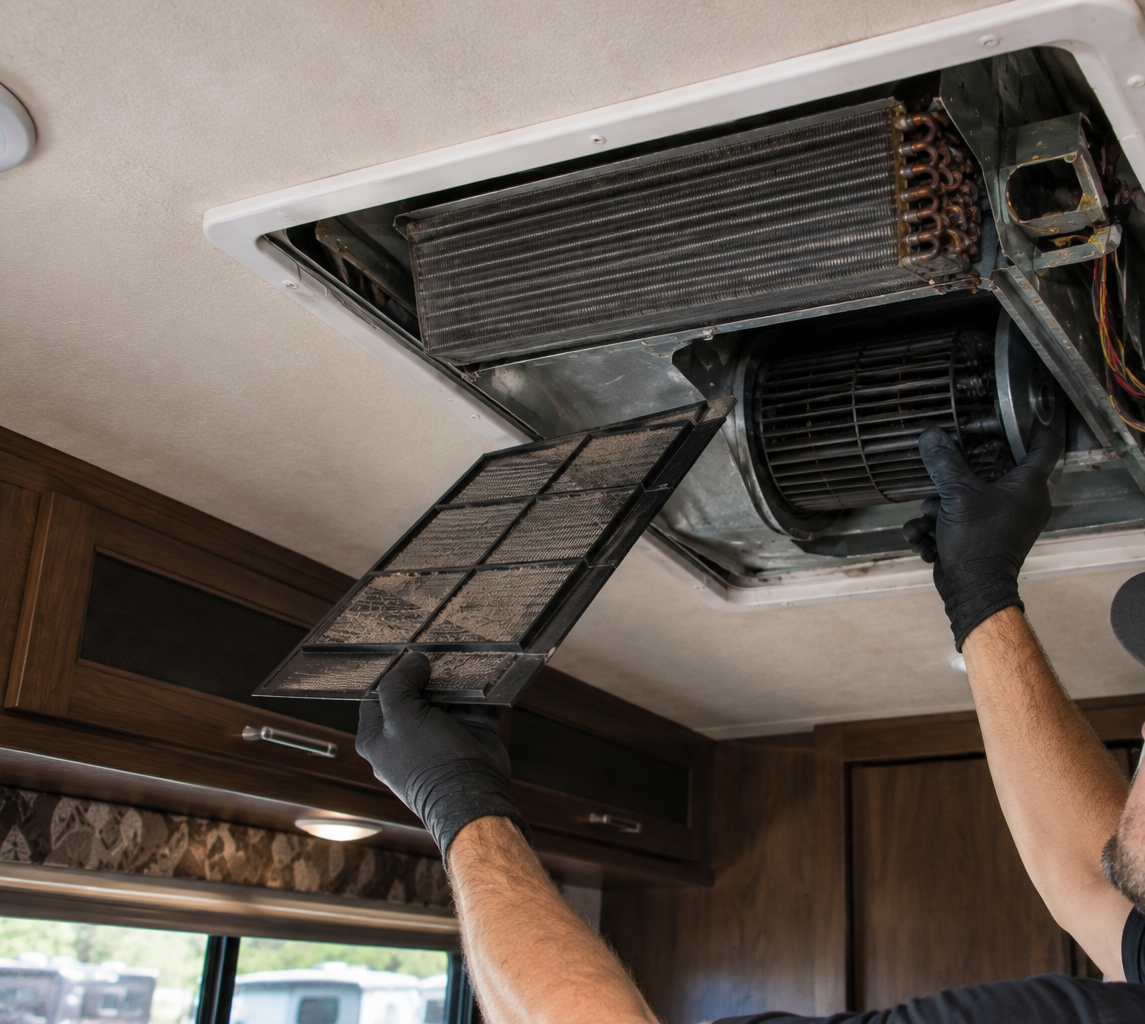 Two gloved workers removing a ceiling air vent filter in a vehicle interior